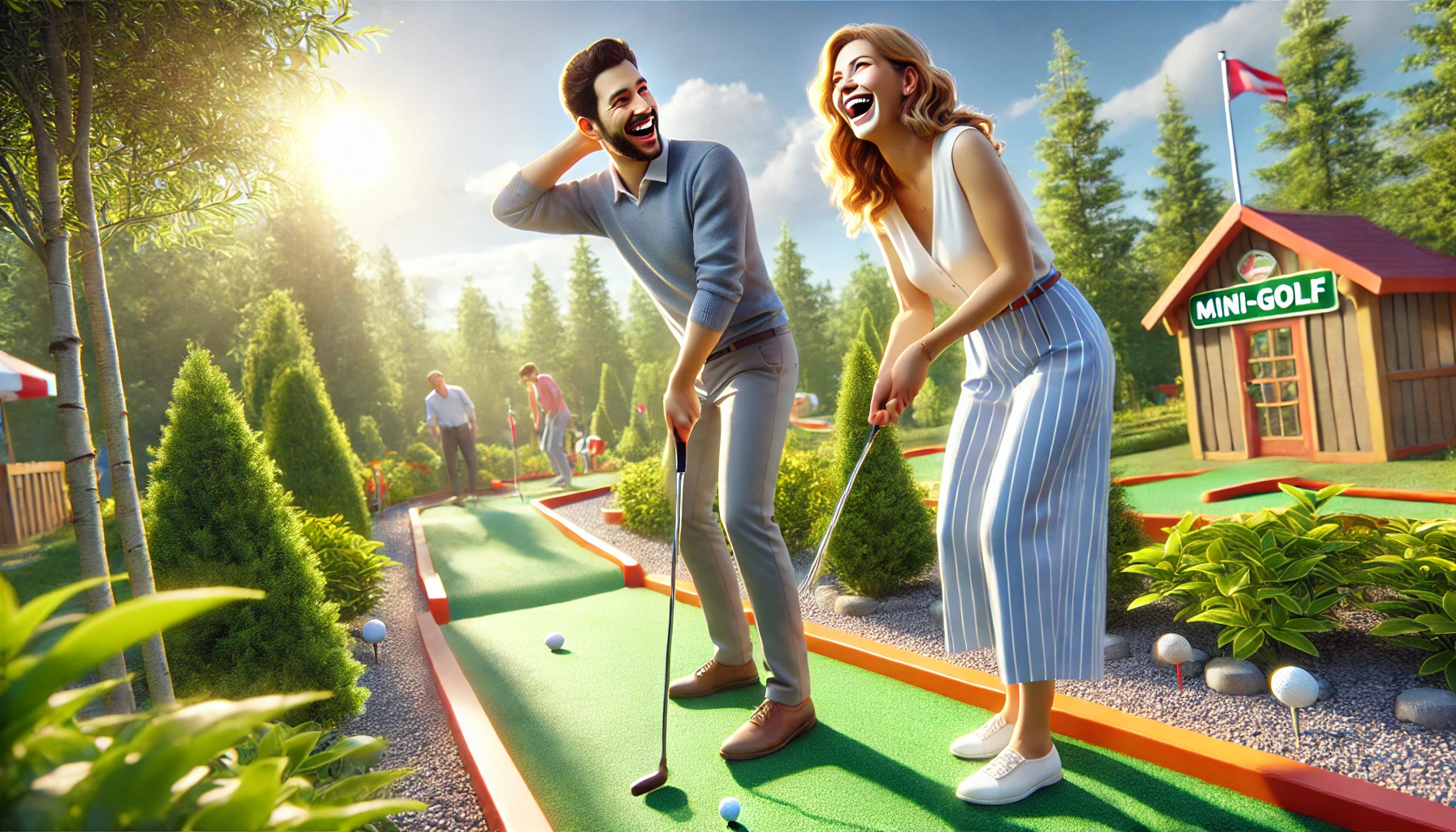 a couple playing mini-golf together on a sunny day.